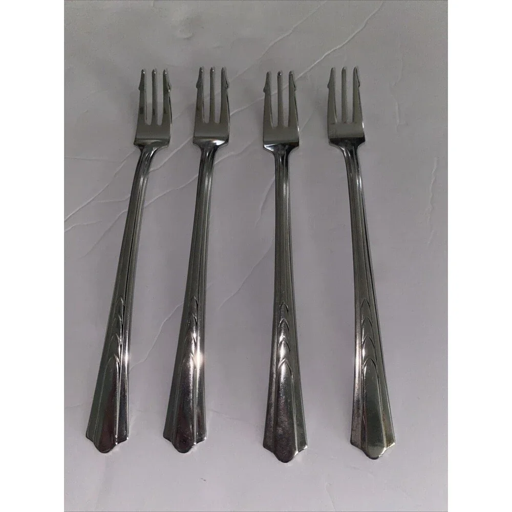 (4) Vtg EKCO USA Stainless Steel Chevron Pattern Seafood/Cocktail Forks